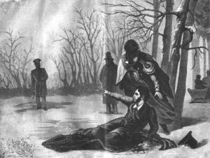 Коверзнев Дуэль Пушкина с Дантесом-Геккерен 27-го января 1837 г. (с картины, писанной по словесной передаче академиком Волковым) гравюра Герасимова.