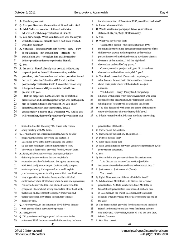 Стенограмма процесса "Березовский vs Абрамович" (6 октября 2011 года, день четвертый)