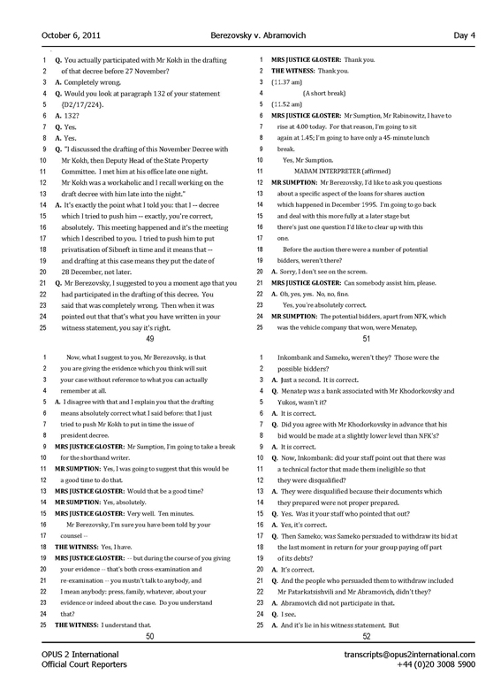 Стенограмма процесса "Березовский vs Абрамович" (6 октября 2011 года, день четвертый)