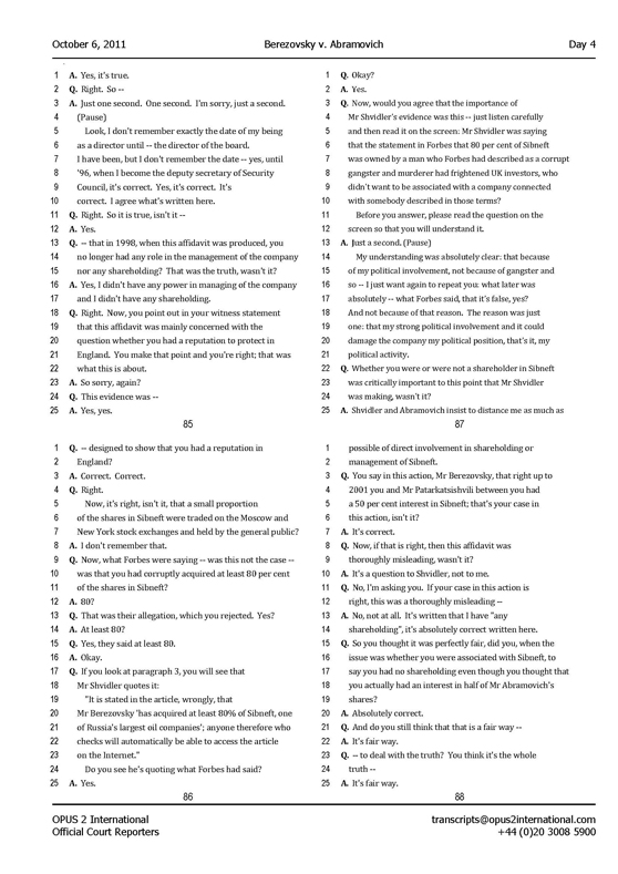 Стенограмма процесса "Березовский vs Абрамович" (6 октября 2011 года, день четвертый)
