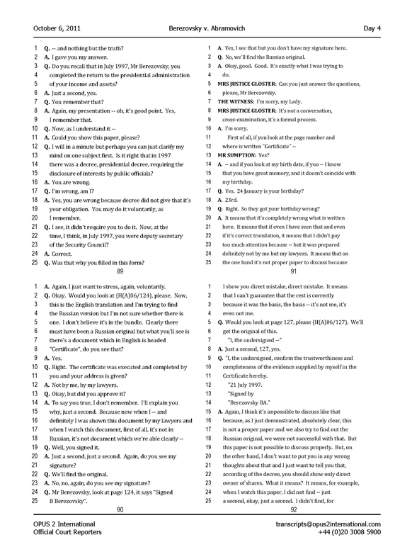 Стенограмма процесса "Березовский vs Абрамович" (6 октября 2011 года, день четвертый)