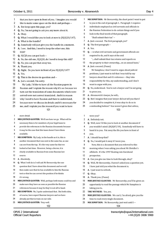 Стенограмма процесса "Березовский vs Абрамович" (6 октября 2011 года, день четвертый)