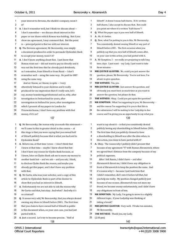 Стенограмма процесса "Березовский vs Абрамович" (6 октября 2011 года, день четвертый)