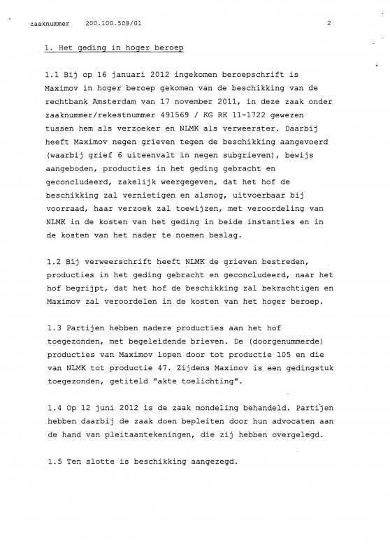 Решение апелляционного суда Амстердама по заявлению Николая Максимова