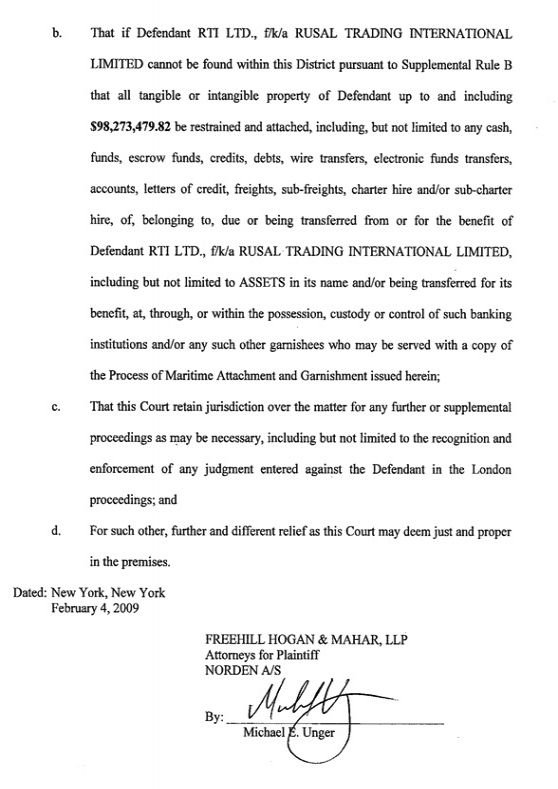 Norden A/S v. Rusal Trading International Ltd