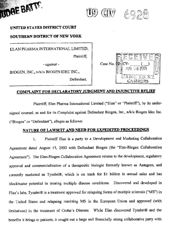 Elan Pharma International Ltd. v. Biogen Inc.