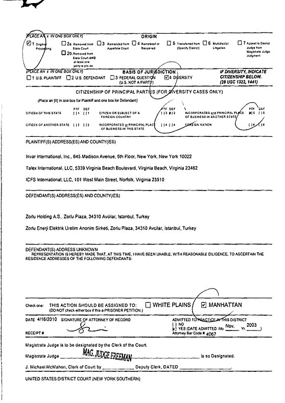 Invar Int. Inc. и Talex Int. LLC vs Zorlu