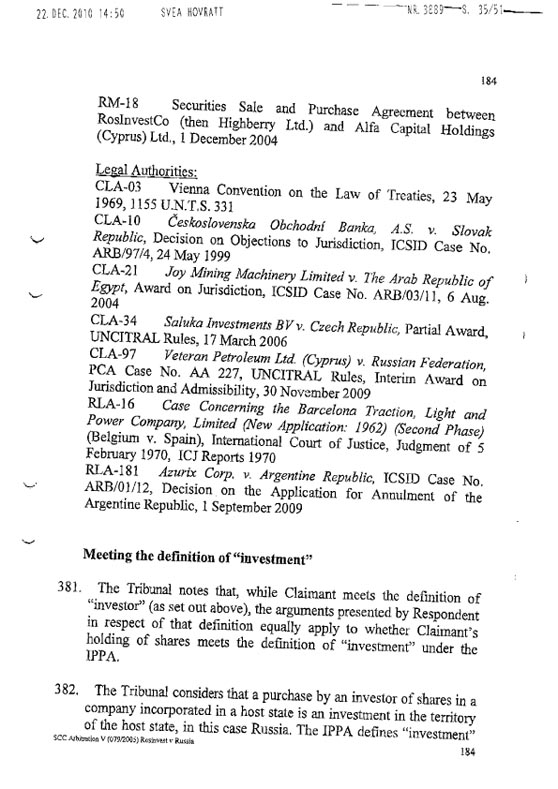 RosInvestCo UK Ltd. v. Российская федерация