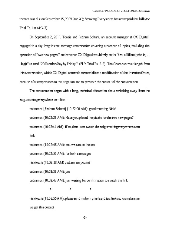 CX Digital Media, Inc. v. Smoking Everywhere, Inc., (S.D. Fla. Mar. 23, 2011)