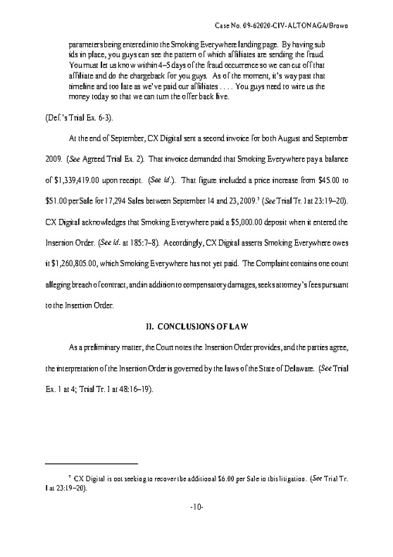 CX Digital Media, Inc. v. Smoking Everywhere, Inc., (S.D. Fla. Mar. 23, 2011)