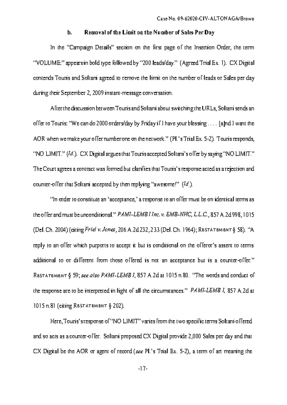 CX Digital Media, Inc. v. Smoking Everywhere, Inc., (S.D. Fla. Mar. 23, 2011)