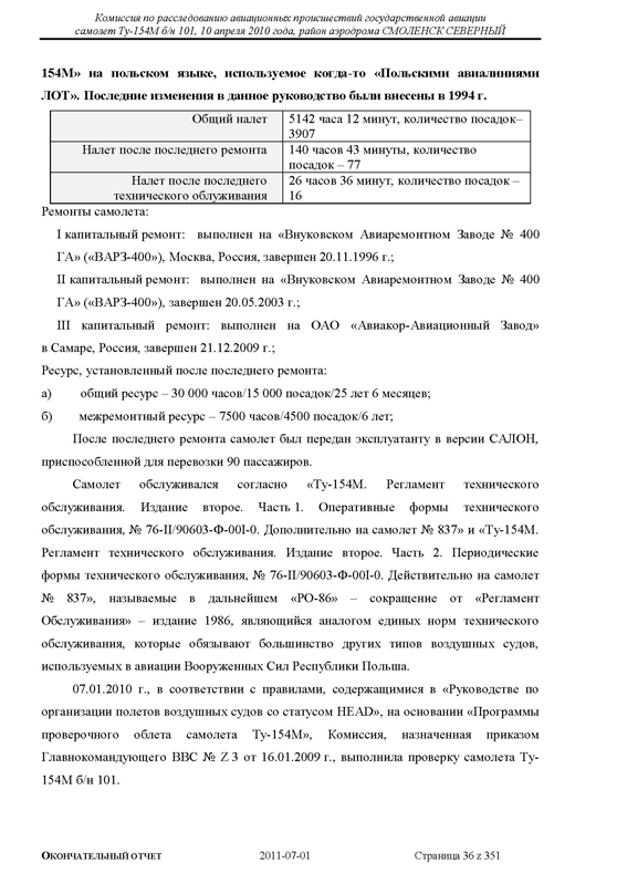 Доклад о гибели Качиньского опубликованый правительством Польши 29 июля